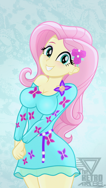 Size: 1000x1769 | Tagged: safe, artist:theretroart88, derpibooru import, fluttershy, equestria girls, breasts, busty fluttershy, cleavage, grin, image, looking at you, png, smiling, smiling at you