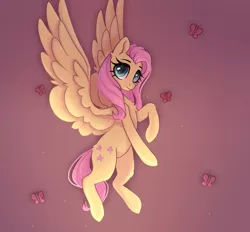 Size: 1280x1188 | Tagged: safe, artist:_alixxie_, derpibooru import, fluttershy, butterfly, insect, pegasus, pony, chest fluff, cute, female, gradient background, image, looking at you, mare, png, raised hoof, shyabetes, smiling, solo, spread wings, three quarter view, wings