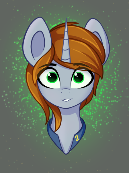 Size: 2400x3200 | Tagged: safe, artist:stravy_vox, artist:stravyvox, derpibooru import, oc, oc:littlepip, unofficial characters only, pony, unicorn, fallout equestria, abstract background, alternate hairstyle, big horn, bust, clothes, eye clipping through hair, female, hair over one eye, horn, image, jumpsuit, looking at you, mare, png, portrait, smiling, smiling at you, solo, vault suit