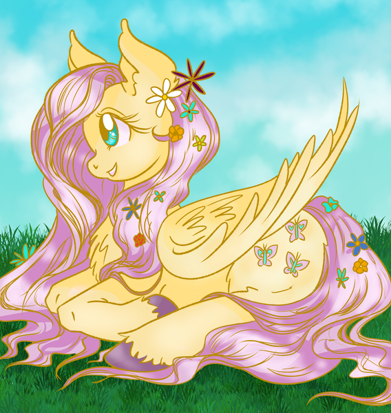 Size: 1280x1352 | Tagged: safe, artist:pinkcorgo, derpibooru import, fluttershy, pegasus, pony, chest fluff, colored hooves, female, flower, flower in hair, folded wings, grass, image, looking away, lying down, mare, open mouth, open smile, outdoors, png, profile, prone, smiling, solo, unshorn fetlocks, wings