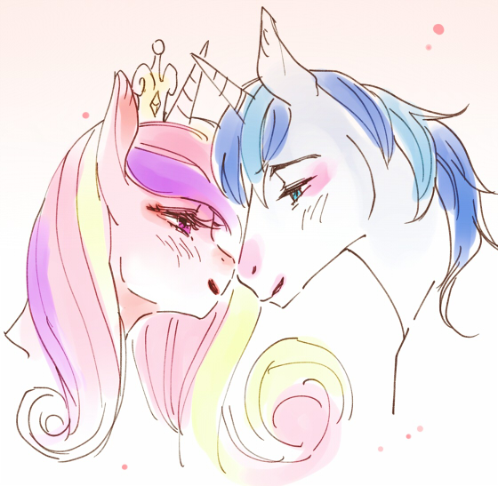 Size: 560x547 | Tagged: safe, artist:pasikon, derpibooru import, princess cadance, shining armor, pony, boop, bust, female, image, jpeg, lidded eyes, male, mare, noseboop, pixiv, portrait, profile, shiningcadance, shipping, stallion, straight