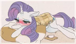 Size: 693x406 | Tagged: safe, artist:pasikon, derpibooru import, rarity, pony, unicorn, blanket, blushing, cup, cute, female, image, jpeg, lying down, mare, pillow, pixiv, prone, raribetes, sad, sadorable, solo, teacup, teary eyes