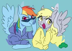 Size: 655x463 | Tagged: safe, artist:pasikon, derpibooru import, derpy hooves, rainbow dash, pegasus, pony, blushing, clothes, cute, duo, female, heart, hoodie, image, jpeg, mare, open mouth, osomatsu-san, oversized clothes, pixiv, sunglasses
