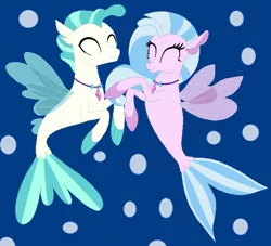 Size: 724x658 | Tagged: safe, artist:jadeharmony, derpibooru import, silverstream, terramar, seapony (g4), blue background, blue mane, brother and sister, bubble, clothes, dorsal fin, eyes closed, female, fin wings, fins, fish tail, flowing mane, flowing tail, image, jewelry, looking at each other, male, necklace, png, seapony silverstream, see-through, siblings, simple background, smiling, smiling at each other, tail, underwater, water, wings