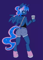 Size: 705x978 | Tagged: safe, artist:fajeh, derpibooru import, princess luna, semi-anthro, blue background, clothes, coffee, coffee cup, cup, dark background, image, looking at you, png, ponytail, shoes, shorts, simple background, smiling, smiling at you, sneakers