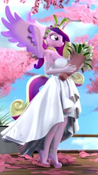 Size: 2160x3840 | Tagged: safe, artist:antonsfms, derpibooru import, princess cadance, alicorn, anthro, plantigrade anthro, 3d, beautiful, canterlot, canterlot wedding 10th anniversary, clothes, cute, day, dress, flower, flower in hair, garden, gloves, glow, glowing eyes, high heels, image, jewelry, marriage, outdoors, park, png, ring, shoes, socks, solo, spread wings, stocking feet, stockings, thigh highs, wedding, wedding dress, wedding ring, wind, wings