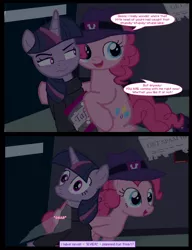 Size: 1042x1358 | Tagged: safe, artist:dendoctor, derpibooru import, mean twilight sparkle, pinkie pie, twilight sparkle, twilight sparkle (alicorn), alicorn, earth pony, pony, comic:clone.., alternate universe, clone, clothes, comic, female, image, jpeg, pinkie clone, taffy