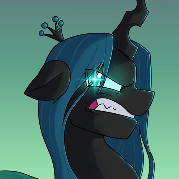 Size: 1080x1080 | Tagged: safe, artist:beefgummies, derpibooru import, queen chrysalis, changeling, changeling queen, angry, canterlot wedding 10th anniversary, female, floppy ears, glow, glowing eyes, gradient background, gritted teeth, image, jewelry, jpeg, looking at you, profile, regalia, sharp teeth, solo, teeth