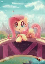 Size: 608x868 | Tagged: safe, artist:sewyouplushiethings, edit, editor:anonymous, fluttershy, bee, insect, pegasus, pony, filli vanilli, bridge, c:, cloud, cloudy, cute, daaaaaaaaaaaw, dandelion, female, forest, hnnng, image, leaning, looking up, mare, mountain, mountain range, outdoors, png, river, scene interpretation, shyabetes, smiling, solo, sweet dreams fuel, tree, watching, watermark removal, weapons-grade cute, wingding eyes, wingless