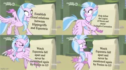 Size: 888x499 | Tagged: safe, derpibooru import, edit, silverstream, hippogriff, g5 collapse of equestria, gru's plan, image, jpeg, meme, op is a duck, op is trying to start shit, op is trying to start shit so badly that it's kinda funny, solo, text edit