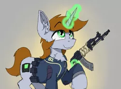 Size: 863x638 | Tagged: safe, artist:reddthebat, derpibooru import, oc, oc:littlepip, unofficial characters only, pony, unicorn, fallout equestria, clothes, fallout, female, gun, image, jumpsuit, magic, mare, png, solo, telekinesis, vault suit, weapon, zebra rifle