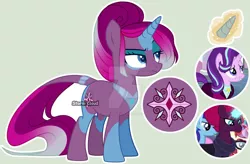 Size: 1024x670 | Tagged: safe, artist:dinkydoolove, derpibooru import, starlight glimmer, tempest shadow, oc, pony, base used, clothes, female, frown, glow, glowing horn, horn, image, jpeg, magical lesbian spawn, mare, offspring, parent:starlight glimmer, parent:tempest shadow, parents:tempestglimmer, peytral