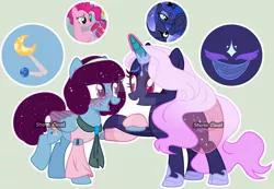 Size: 1024x710 | Tagged: safe, artist:dinkydoolove, derpibooru import, pinkie pie, princess luna, oc, alicorn, earth pony, pegasus, pony, unicorn, base used, colored wings, ethereal mane, female, holding hooves, image, magical lesbian spawn, mare, offspring, parent:pinkie pie, parent:princess luna, parents:lunapie, png, screencap reference, smiling, starry mane, two toned wings, wings