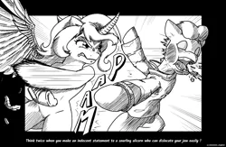 Size: 2458x1600 | Tagged: semi-grimdark, artist:maneiacmayhem, derpibooru import, oc, oc:thunder mane, unofficial characters only, alicorn, earth pony, alicorn oc, bang, bipedal, black and white, clothes, comic style, commission, fallout equestria oc, feather, female, grayscale, horn, image, male, monochrome, onomatopoeia, pipbuck, png, spread wings, teeth, text, this will end in pain, violence, wings