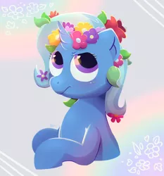 Size: 1024x1100 | Tagged: safe, artist:kukie, derpibooru import, trixie, pony, unicorn, abstract background, blushing, closed mouth, cute, diatrixes, eyelashes, female, floral head wreath, flower, flower in hair, half body, hooves, horn, image, leaves, leaves in hair, looking up, mare, png, rainbow, rainbow background, signature, solo, two toned mane