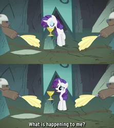 Size: 640x720 | Tagged: semi-grimdark, derpibooru import, edit, edited screencap, screencap, diamond dog, pony, unicorn, a dog and pony show, season 1, caption, cave, chalice, cup, diamond dog guard, female, image, image macro, imminent death, indiana jones, indiana jones and the last crusade, male, mare, movie reference, parody, png, scene parody, text, this will end in death, this will not end well