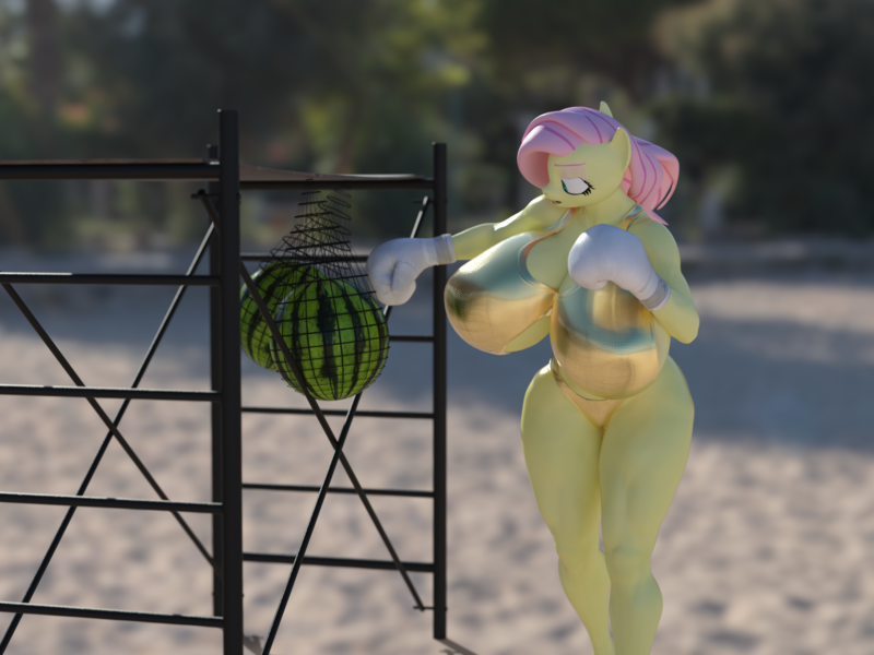 Size: 1920x1440 | Tagged: suggestive, artist:hellbridge, derpibooru import, part of a set, fluttershy, anthro, pony, 3d, beach, big breasts, bikini, boxing gloves, breasts, busty fluttershy, clothes, female, food, huge breasts, image, impossibly large breasts, mare, muscles, muscleshy, muscular female, part of a series, png, solo, solo female, swimsuit, watermelon, wingless, wingless anthro