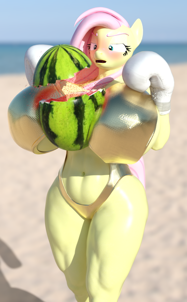 Size: 1483x2400 | Tagged: suggestive, artist:hellbridge, derpibooru import, part of a set, fluttershy, anthro, 3d, abs, beach, between breasts, big breasts, blushing, boxing gloves, breasts, busty fluttershy, female, food, huge breasts, image, impossibly large breasts, muscles, muscleshy, muscular female, part of a series, png, solo, solo female, watermelon