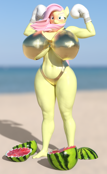 Size: 1483x2400 | Tagged: suggestive, artist:hellbridge, derpibooru import, part of a set, fluttershy, anthro, plantigrade anthro, 3d, beach, belly button, big breasts, bikini, blushing, blushing profusely, boxing gloves, breasts, busty fluttershy, clothes, female, flexing, food, huge breasts, image, impossibly large breasts, muscles, muscleshy, muscular female, part of a series, png, solo, solo female, swimsuit, watermelon