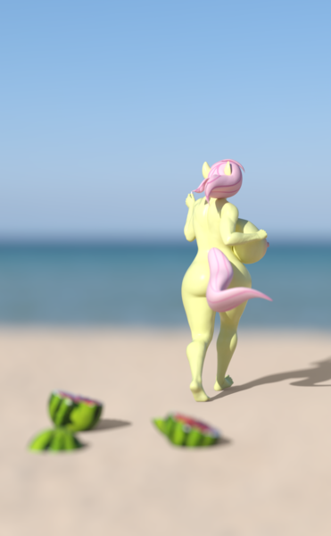 Size: 1483x2400 | Tagged: questionable, artist:hellbridge, derpibooru import, part of a set, fluttershy, anthro, plantigrade anthro, 3d, ass, beach, big breasts, breasts, busty fluttershy, butt, complete nudity, female, food, huge breasts, image, impossibly large breasts, large butt, muscles, muscleshy, muscular female, nipples, nudity, part of a series, png, running, sideboob, solo, solo female, watermelon, wide hips, wingless, wingless anthro
