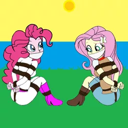Size: 768x768 | Tagged: safe, artist:atmu, derpibooru import, fluttershy, pinkie pie, human, equestria girls, cloth gag, confused, cowgirl outfit, gag, huh, image, png, rope, ropes, tied up