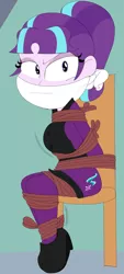 Size: 1280x2841 | Tagged: safe, artist:atmu, derpibooru import, starlight glimmer, equestria girls, angry, cloth gag, clothes, gag, glare, huh, image, jpeg, looking at you, starlight glimmer in places she shouldn't be, struggling, tied hair, tied to chair, tied up