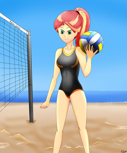 Size: 1280x1546 | Tagged: safe, artist:atmu, derpibooru import, sunset shimmer, equestria girls, beach, clothes, happy, image, jpeg, looking at you, one-piece swimsuit, sexy, smiling, sports, swimsuit, volleyball, volleyball net