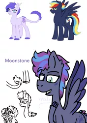Size: 1000x1414 | Tagged: safe, artist:malupokebr, derpibooru import, oc, oc:crystal clarity, oc:moonstone, oc:prism bolt, unofficial characters only, dracony, hybrid, pegasus, pony, kilalaverse, image, interspecies offspring, offspring, offspring's offspring, parent:oc:crystal clarity, parent:oc:prism bolt, parent:rainbow dash, parent:rarity, parent:soarin', parent:spike, parents:oc x oc, parents:soarindash, parents:sparity, png, simple background, white background
