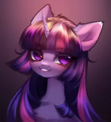 Size: 1164x1279 | Tagged: safe, artist:tomness, derpibooru import, twilight sparkle, pony, unicorn, bust, chest fluff, colored pupils, eyebrows, eyebrows visible through hair, eyelashes, female, gradient background, horn, image, jpeg, looking at you, mare, multicolored mane, portrait, purple eyes, signature, smiling, smiling at you, solo