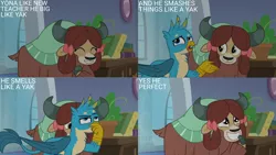 Size: 1280x720 | Tagged: safe, derpibooru import, edit, edited screencap, editor:quoterific, screencap, gallus, yona, gryphon, yak, a rockhoof and a hard place, season 8, spoiler:s08, ^^, cute, duo, eye, eyes, eyes closed, female, grin, image, male, png, school of friendship, smiling, text, yonadorable