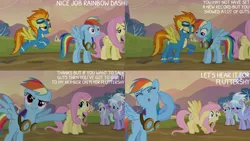 Size: 1280x720 | Tagged: safe, derpibooru import, edit, edited screencap, editor:quoterific, screencap, cloudchaser, flitter, fluttershy, rainbow dash, spitfire, pegasus, pony, hurricane fluttershy, season 2, :o, clothes, crossed hooves, eyes closed, female, floppy ears, flying, goggles, image, jpeg, mare, open mouth, smiling, spread wings, text, uniform, wings, wonderbolts uniform