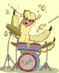 Size: 5228x6440 | Tagged: safe, artist:g4be, derpibooru import, alpaca, them's fightin' herds, community related, drum set, drums, fluffy, image, jumping, musical instrument, open mouth, paprika (tfh), photo, png, solo, text