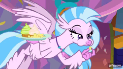 Size: 640x360 | Tagged: safe, derpibooru import, screencap, silverstream, classical hippogriff, hippogriff, season 9, she's all yak, spoiler:s09, animated, aweeg*, cupcake, eating, female, flying, food, gif, gifs.com, image, plate, solo, spread wings, wings