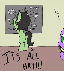 Size: 1000x1100 | Tagged: safe, artist:happy harvey, derpibooru import, spike, oc, oc:anonfilly, dragon, earth pony, pony, burger, butt, chalkboard, conspiracy theory, dialogue, drawn on phone, female, filly, foal, food, french fries, hay, hay bale, hay burger, hay fries, image, male, png, yelling