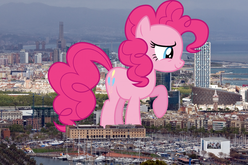 Size: 1800x1196 | Tagged: safe, artist:dashiesparkle, artist:thegiantponyfan, derpibooru import, pinkie pie, earth pony, pony, barcelona, female, giant pinkie pie, giant pony, giant/macro earth pony, giantess, highrise ponies, image, irl, macro, mare, mega giant, photo, png, ponies in real life, raised hoof, smiling, solo, spain