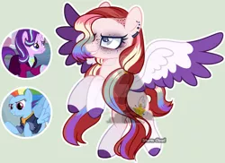 Size: 1024x746 | Tagged: safe, artist:dinkydoolove, derpibooru import, rainbow dash, starlight glimmer, oc, pegasus, pony, base used, clothes, colored hooves, colored wings, deviantart watermark, evil grin, eyelashes, female, freckles, grin, image, jpeg, magical lesbian spawn, mare, multicolored hair, obtrusive watermark, offspring, older, older rainbow dash, parent:rainbow dash, parent:starlight glimmer, pegasus oc, rainbow hair, rearing, screencap reference, smiling, two toned wings, watermark, wings