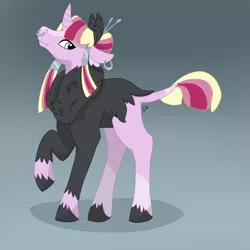 Size: 2000x2000 | Tagged: safe, artist:xaneyraccoon, derpibooru import, oc, unofficial characters only, pony, chest fluff, ear piercing, earring, gradient background, image, jewelry, parent:tirek, parent:twilight sparkle, piercing, png, raised hoof, unshorn fetlocks