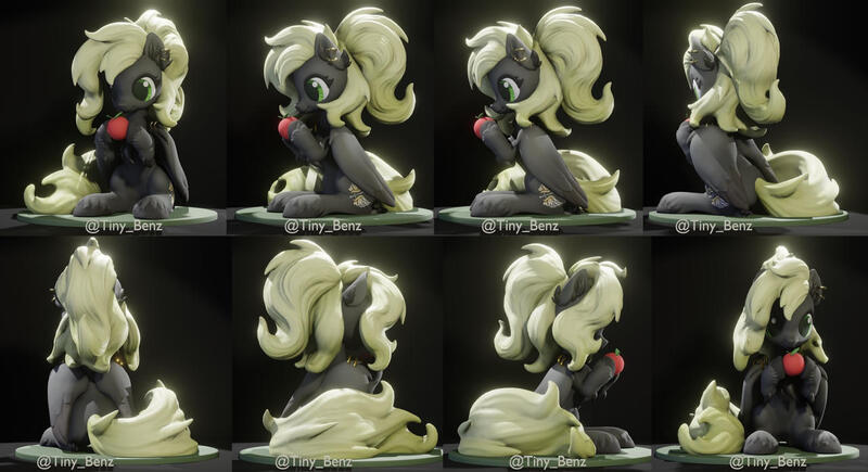 Size: 1280x696 | Tagged: safe, artist:tinybenz, derpibooru import, oc, oc:veen sundown, unofficial characters only, pegasus, pony, 3d, apple, craft, cute, ear piercing, eyelashes, feathered wings, female, figurine, food, hoof fluff, image, jpeg, looking at something, mare, multiple angles, piercing, ponytail, sculpture, signature, simple background, solo, sundown clan, turnaround, unshorn fetlocks, wing piercing, wings