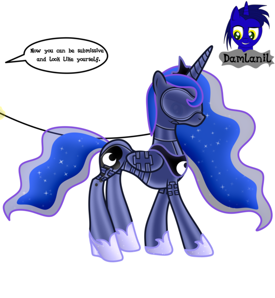Size: 3840x4154 | Tagged: safe, artist:damlanil, derpibooru import, princess luna, alicorn, pony, bdsm, blindfold, bodysuit, bondage, bondage mask, boots, bound wings, catsuit, clothes, collar, comic, commission, corset, crown, ethereal mane, female, gag, galaxy mane, gimp suit, high heels, hood, hoof shoes, horn, horn ring, image, implied princess celestia, jewelry, latex, latex boots, latex suit, leash, mare, muzzle gag, necklace, png, regalia, ring, rubber, shiny, shiny mane, shoes, show accurate, simple background, solo, speech bubble, suit, text, transparent background, vector, wings