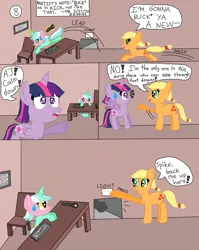 Size: 737x924 | Tagged: safe, artist:alyssafire, artist:nightshadowmlp, derpibooru import, applejack, twilight sparkle, twilight sparkle (alicorn), alicorn, earth pony, pony, comic:five am at pinkie's: the prequel, comic, dialogue, exclamation point, female, hatless, image, mare, mask, missing accessory, png, sweat, sweatdrop, text, text box, wearing a mask