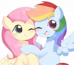 Size: 1884x1654 | Tagged: safe, artist:ginmaruxx, derpibooru import, fluttershy, rainbow dash, pegasus, pony, blushing, bust, cute, dashabetes, duo, duo female, female, flutterdash, folded wings, hug, image, jpeg, lesbian, looking at you, mare, one eye closed, open mouth, open smile, shipping, shyabetes, simple background, smiling, smiling at you, spread wings, white background, wings