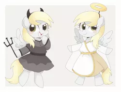 Size: 2048x1560 | Tagged: safe, artist:ginmaruxx, derpibooru import, derpy hooves, pegasus, pony, angel, bipedal, blushing, clothes, commission, costume, cute, derpabetes, devil horns, duo, duo female, female, halo, hoof hold, horn, horns, image, jpeg, looking at you, mare, open mouth, open smile, pitchfork, self paradox, self ponidox, smiling, smiling at you, wings