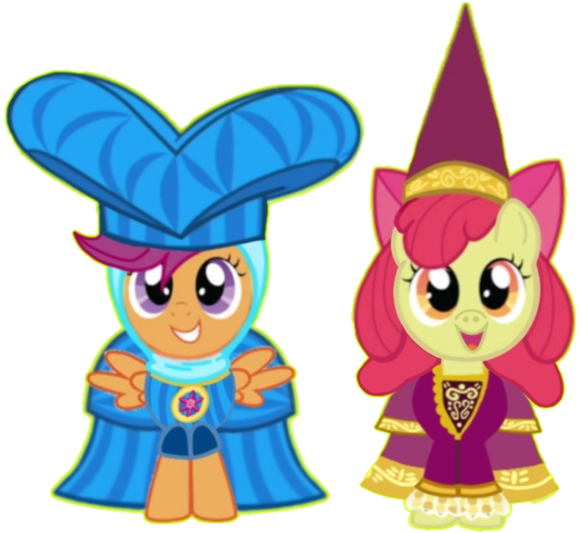 Size: 698x637 | Tagged: safe, artist:darlycatmake, derpibooru import, apple bloom, scootaloo, earth pony, pegasus, pony, for whom the sweetie belle toils, beautiful, beautiful eyes, big smile, clothes, dress, dressup, female, happy, hat, hennin, image, implied lesbian, implied shipping, jewelry, lesbian, long hair, long mane, looking at someone, looking at you, looking up, medieval, medival, necklace, open mouth, playful, playing, png, princess, princess apple bloom, princess hat, school play, scootabloom, shipping, simple background, smiling, smiling at you, transparent background
