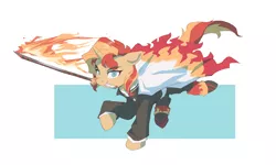 Size: 4500x2700 | Tagged: safe, artist:vanillaghosties, derpibooru import, sunset shimmer, pony, unicorn, abstract background, clothes, cosplay, costume, demon slayer, fire, high res, image, katana, mouth hold, png, simple background, solo, sword, weapon