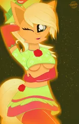 Size: 1717x2690 | Tagged: suggestive, artist:toxinagraphica, derpibooru import, part of a set, applejack, anthro, earth pony, pony, unguligrade anthro, apple, big ears, breasts, cheek fluff, chest fluff, clothes, cute, dress, ear fluff, eyelashes, female, flower, fluffy, food, gala dress, gloves, glow, hand, hat, high res, image, mare, one eye closed, open mouth, png, rose, sexy, skirt, smiling, socks, solo, solo female, stockings, thigh highs, top, wide smile, wink