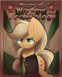 Size: 2000x2500 | Tagged: safe, artist:miryelis, derpibooru import, applejack, earth pony, pony, fallout equestria, apple, clothes, food, hat, image, jpeg, looking at you, ministry of wartime technology, necktie, poster, solo, suit
