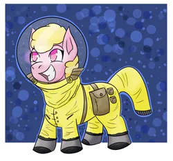 Size: 1850x1724 | Tagged: safe, artist:hiddenfaithy, derpibooru import, oc, oc:puppysmiles, pony, fallout equestria, fallout equestria: pink eyes, canterlot ghoul, fanfic art, foal, hazmat suit, image, old art is old, png, simple background