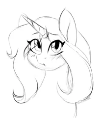 Size: 465x548 | Tagged: safe, artist:chickenbrony, derpibooru import, oc, oc:blue haze, unicorn, black and white, blushing, grayscale, image, monochrome, png, pouting, simple background, sketch