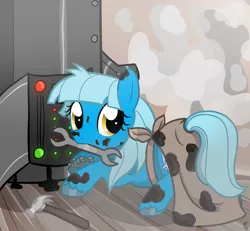 Size: 1169x1080 | Tagged: safe, artist:ponykittenboi, derpibooru import, oc, oc:bleu cheese, earth pony, pony, boiler, bolts, dust, hammer, image, png, screws, soot, wrench