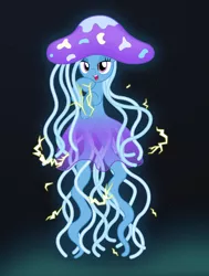 Size: 2164x2864 | Tagged: safe, artist:badumsquish, derpibooru import, trixie, hybrid, jellyfish, jellyfish pony, original species, pony, derpibooru exclusive, electricity, electricity magic, female, grin, image, laughing, lidded eyes, looking at you, mare, noblewoman's laugh, ocean, png, raised hoof, show accurate, smiling, solo, sparks, species swap, tentacles, underwater, water